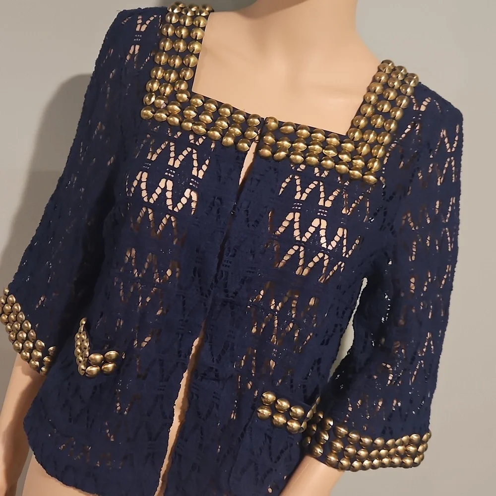 TRINA TURK LOS ANGELES PALM SPRINGS Navy Gold Cropped Bolero Women's Jacket 10. - Picture 4 of 7